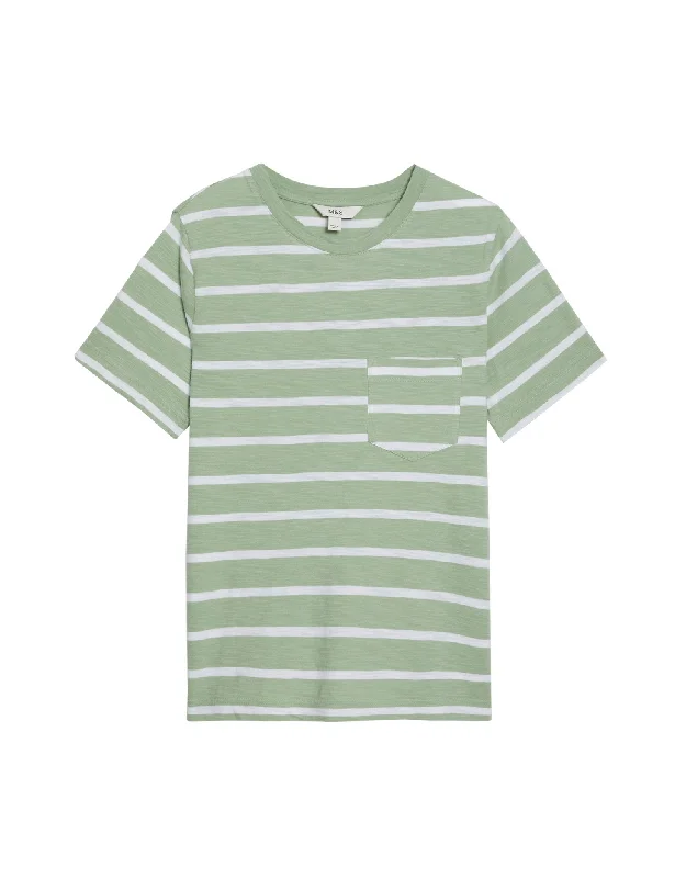 Pure Cotton Stripe Pocket Top Elegant Women's Formal 