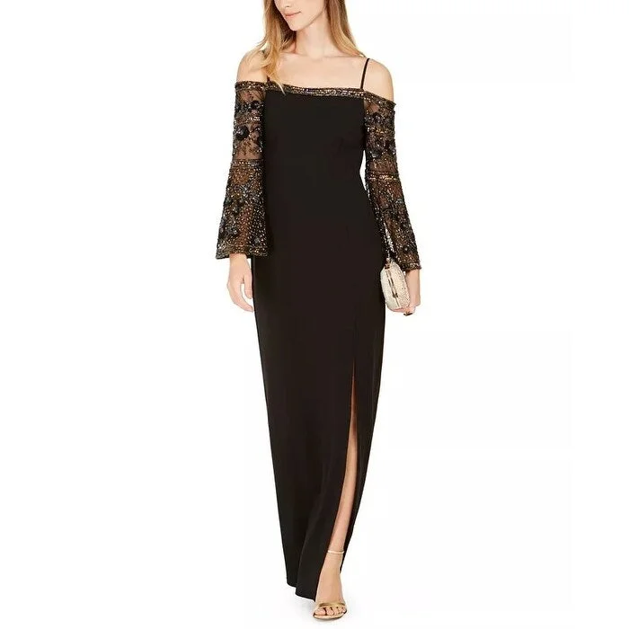 Adrianna Papell Women's Embellished Sleeve Cold Shoulder Gown Black Size 4