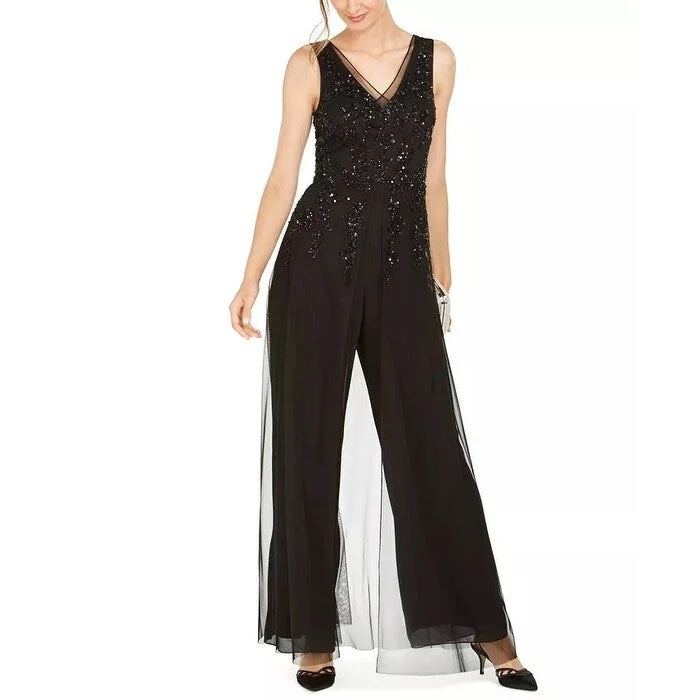 Adrianna Papell Women's Embellished Wide Leg Jumpsuit Black Size 6 Petite - 6 Petite