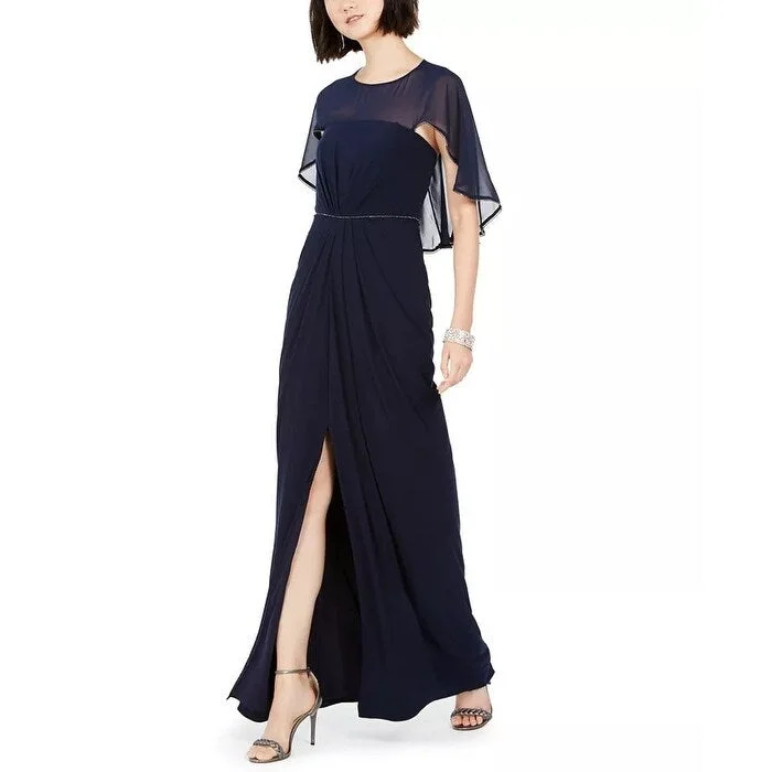 Adrianna Papell Women's Ruched-Cape Gown Navy Size 4