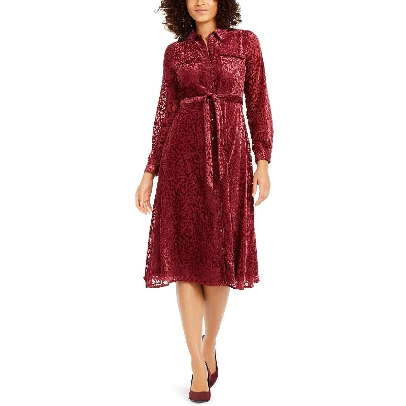 Alfani Women's Velvet Burnout Belted Shirtdress Wine Size 16