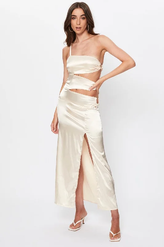 Beige Tie Side Cut Out Maxi Dress