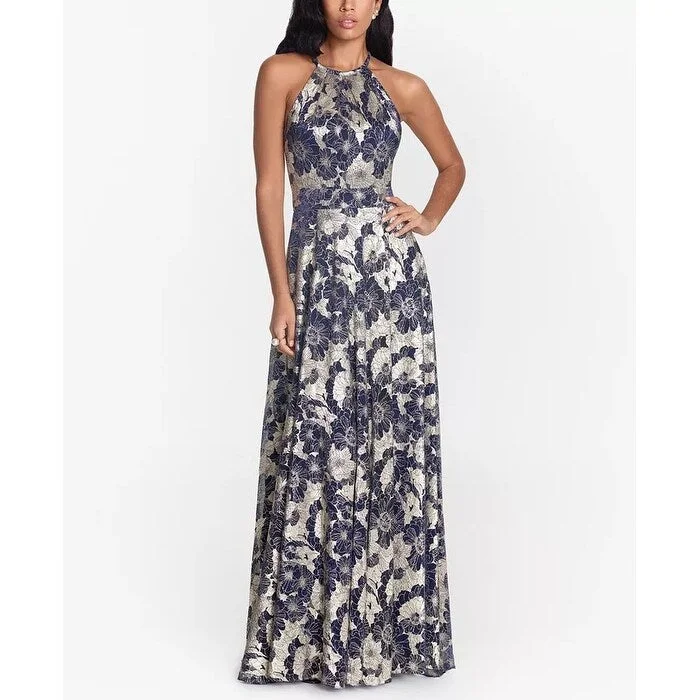 Betsy & Adam Women's Metallic Floral Halter Gown Blue Size 6