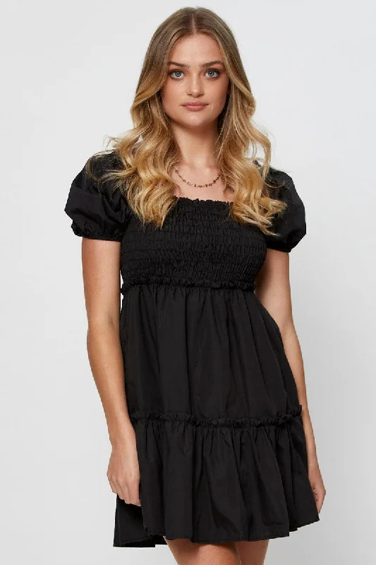 Black Mini Dress Short Sleeve Square Neck