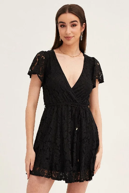 Black Short Sleeve Lace Wrap Front Skater Dress