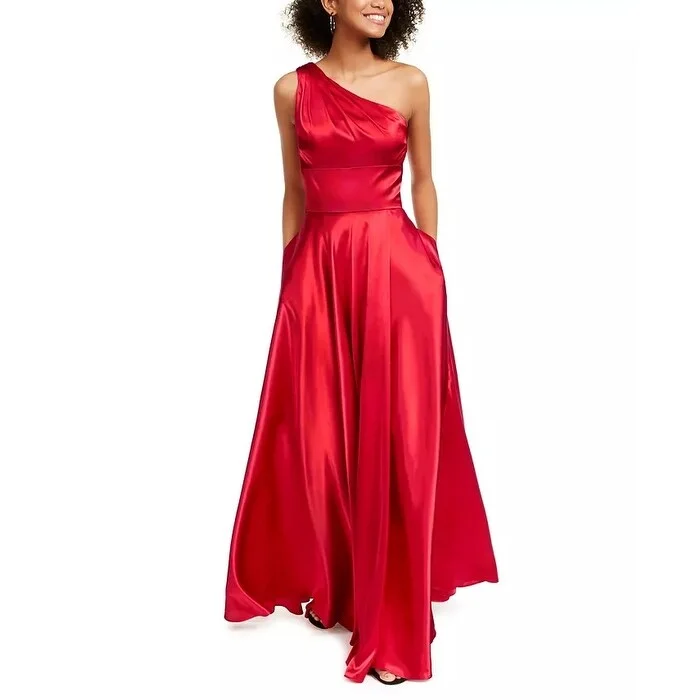 Blondie Nites Junior's One Shoulder Strappy Satin Gown Red Size 3