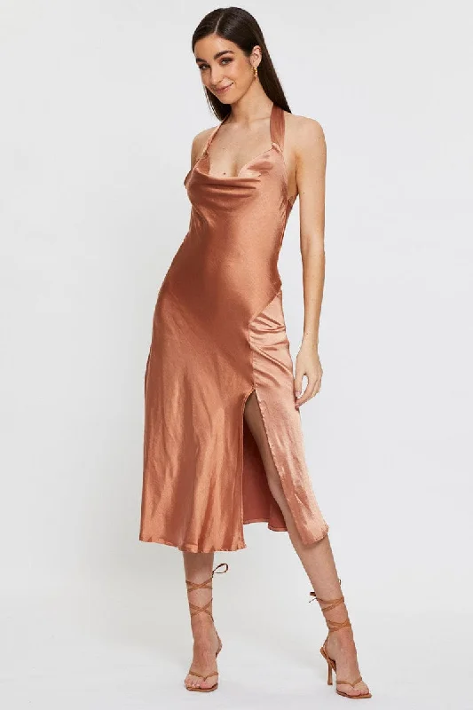 Brown Slip Dress Midi Satin