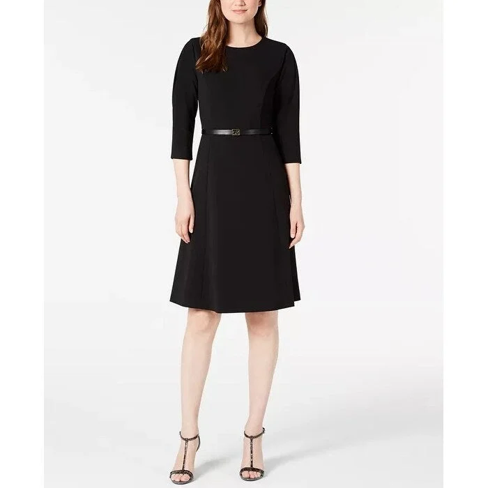 Calvin Klein Women's Belted Pleated Sleeve Dress Black Size 8