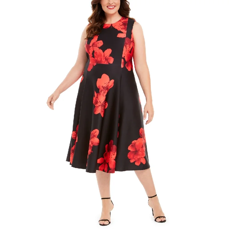 Calvin Klein Women's Floral-Print Fit & Flare Dress Red Size 22W