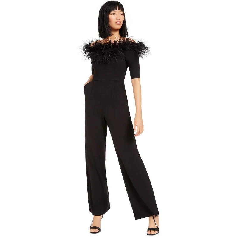 Calvin Klein Women's Off-The-Shoulder Feather Jumpsuit Black Size 16