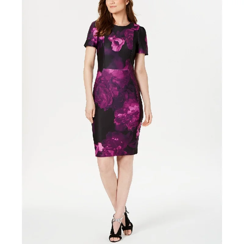 Calvin Klein Women's Petite Floral Puff Sleeve Sheath Dress Purple Size 1