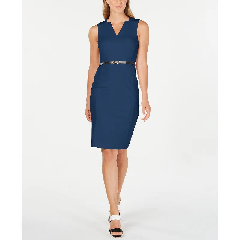 Calvin Klein Women's Petite V-Neck Belted Dress Blue Size 1