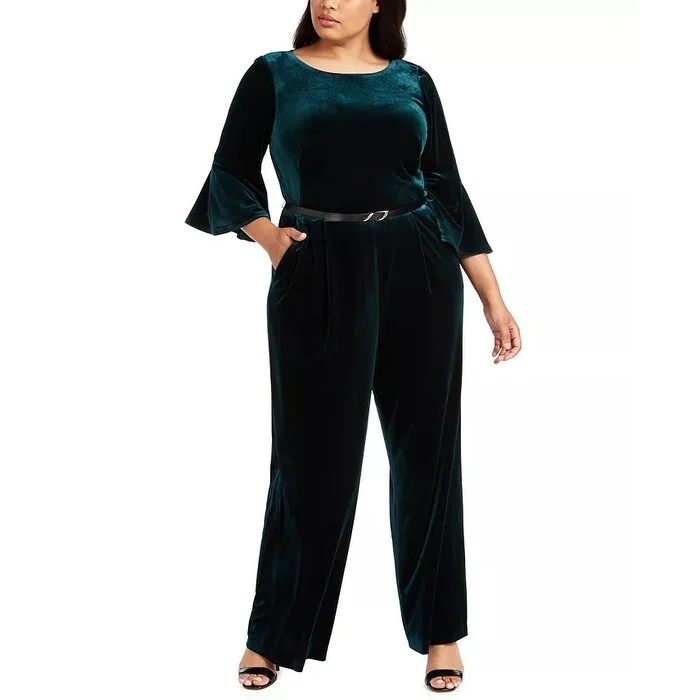 Calvin Klein Women's Plus Size Belted Velvet Jumpsuit Blue Size 18W