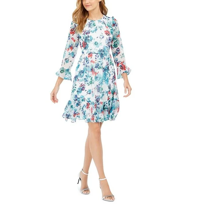 Calvin Klein Women's Printed Bell-Sleeve A-Line Dress Blue Size 12