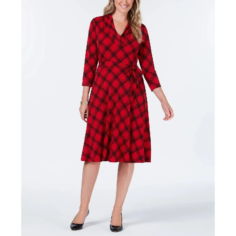 Charter Club Women's Plaid V Neck Dress Red Size Large