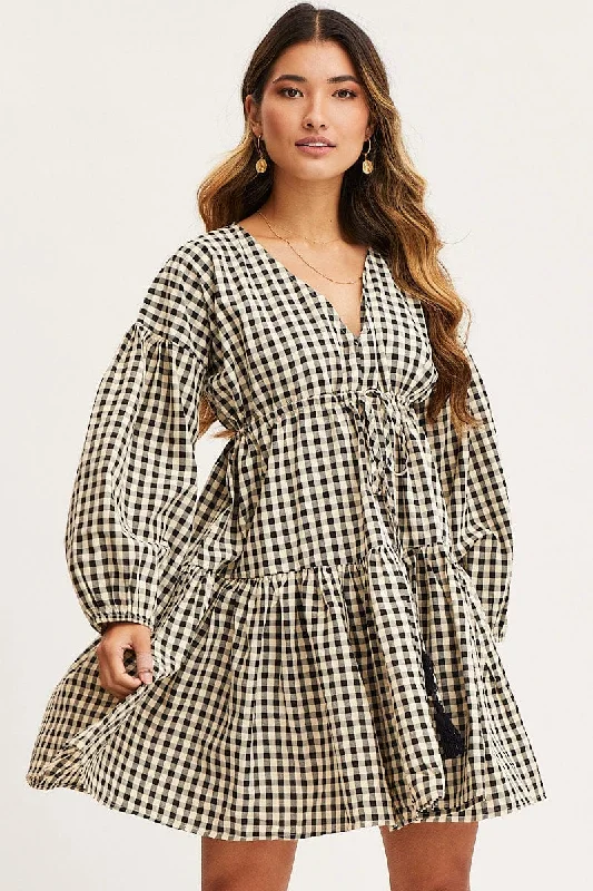 Check Dress Long Sleeve Midi