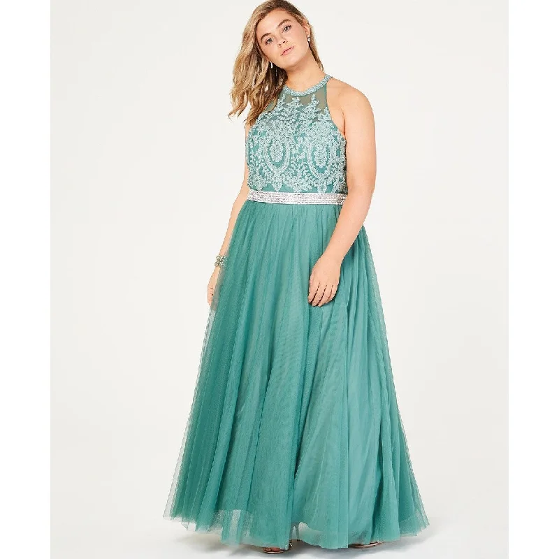 City Studios Women's Trendy Plus Size Rhinestone Tulle Gown Green Size 20W