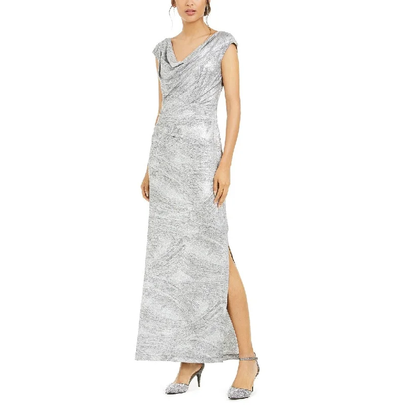 Connected Women's Cowlneck Metallic Slit Gown Silver Size 14