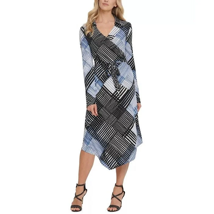 DKNY Women's Printed Faux Wrap Dress Blue Size X-Small