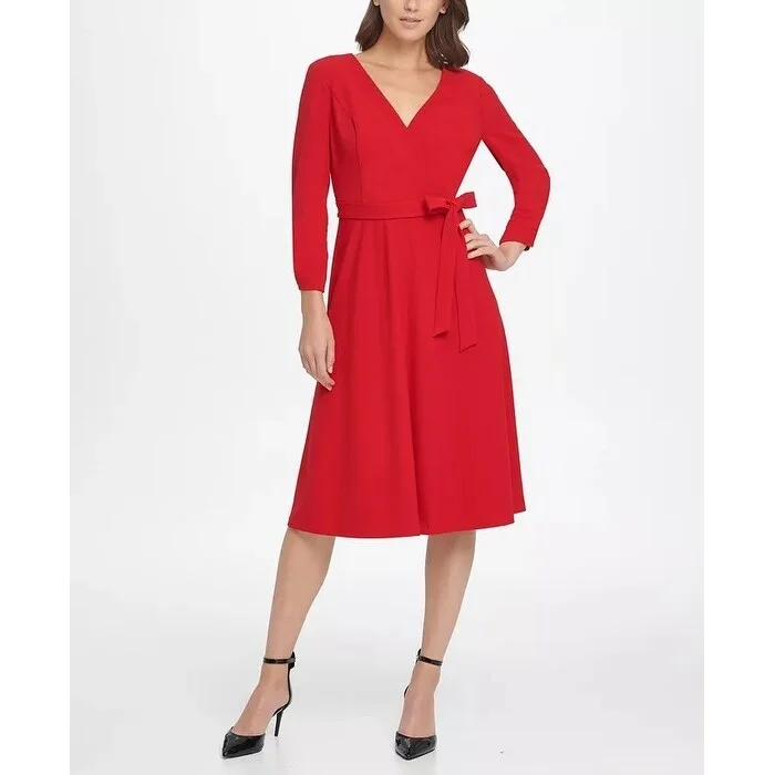 DKNY Women's Ruched Sleeve Surplice Fit & Flare Dress Medium Red Size 8