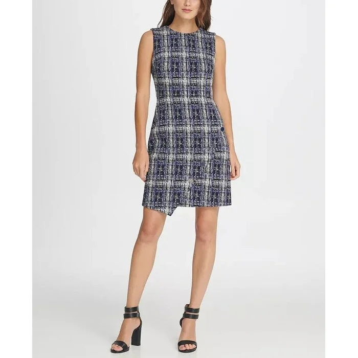 DKNY Women's Tweed Logo Button Sheath Dress Blue Size 14