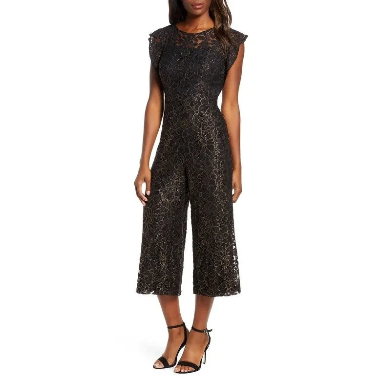 Donna Ricco Women's Flounce Sleeve Lace Jumpsuit Black Size 8