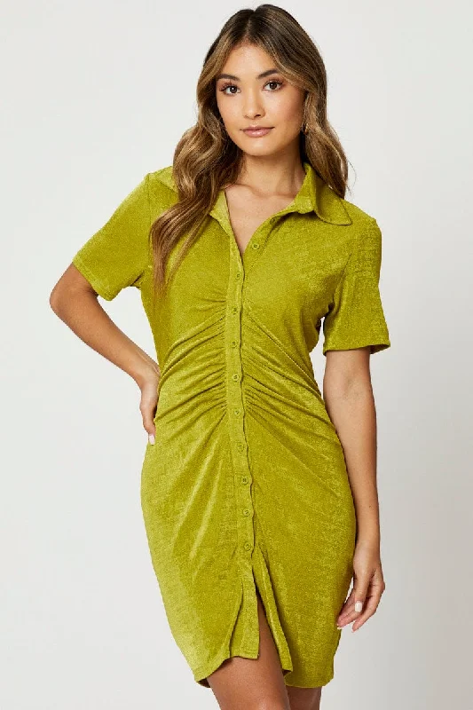 Green Button Front Ruched Shirt Dress