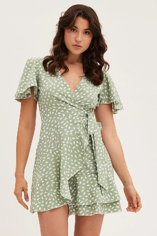 Green Geo Wrap Mini Dress