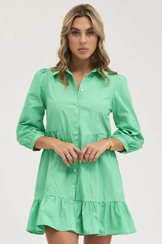 Green Shirt Dress Long Sleeve Mini High Neck