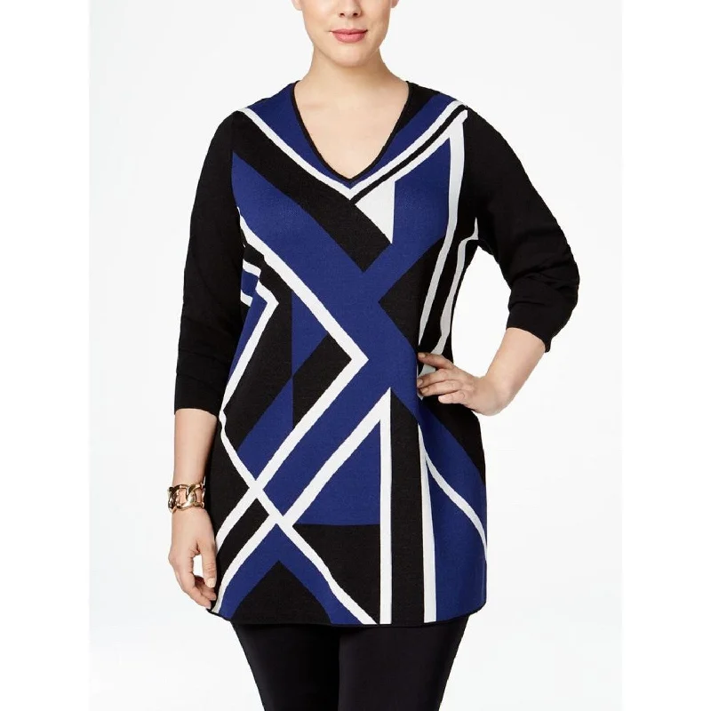 INC International Concepts Geometric Long Sleeve V Neck Sheath Dress, Blue, Size M - Blue - Medium