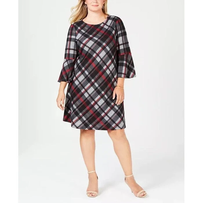 Jessica Howard Women's Plus Size Plaid Bell-Sleeve Dress Charcoal Size 3X