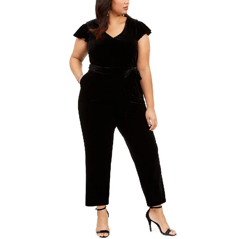 Jessica Howard Women's Plus Size Velvet Belted Jumpsuit Black Size 24