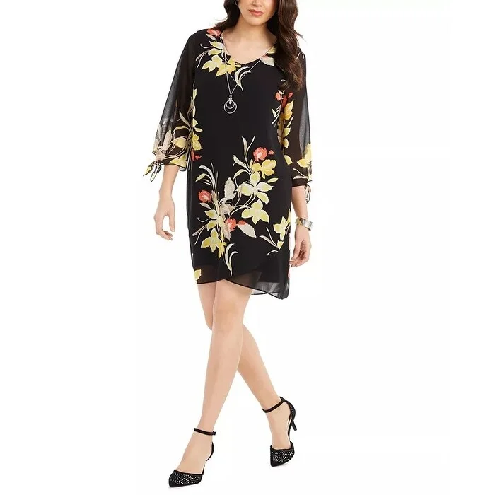 JM Collection Women's Printed 3/4-Sleeve Shift Dress Black Size Small