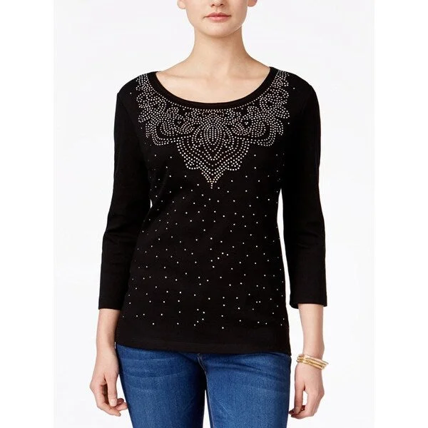 Karen Scott Scoop Neck Embelished 3/4 Sleeve T-Shirt Deep Black, Size L