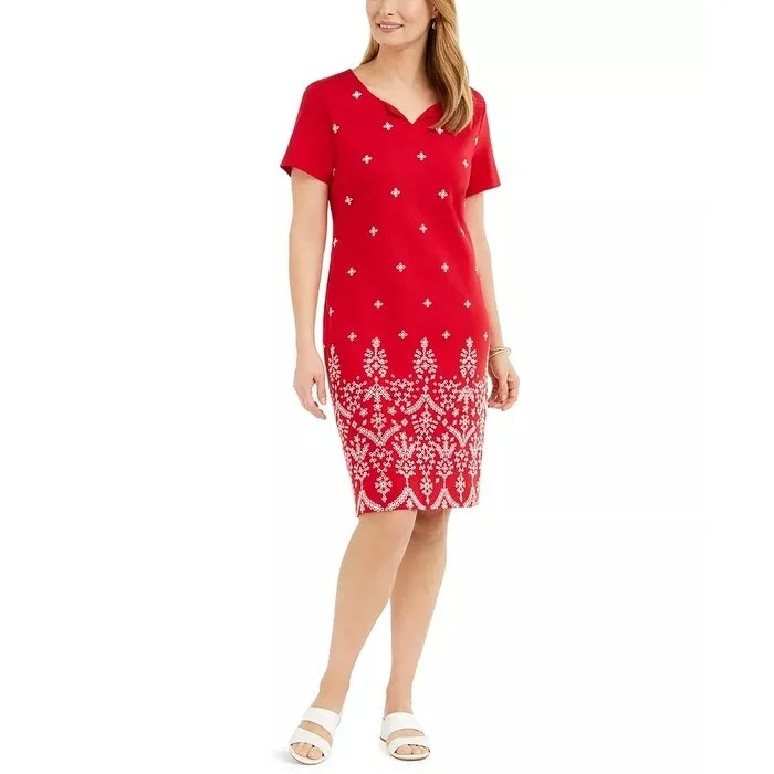 Karen Scott Women's Embroidered Split Neck Dress Red Size Medium