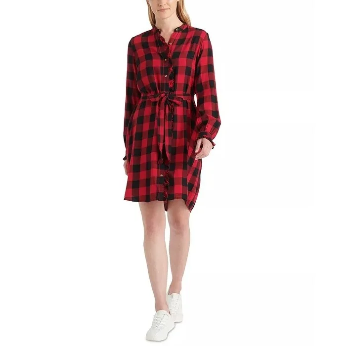 Lucky Brand Women's Mackenzie Buffalo Plaid Long Sleeve Cotton Blend Shirtdress Red Size Large