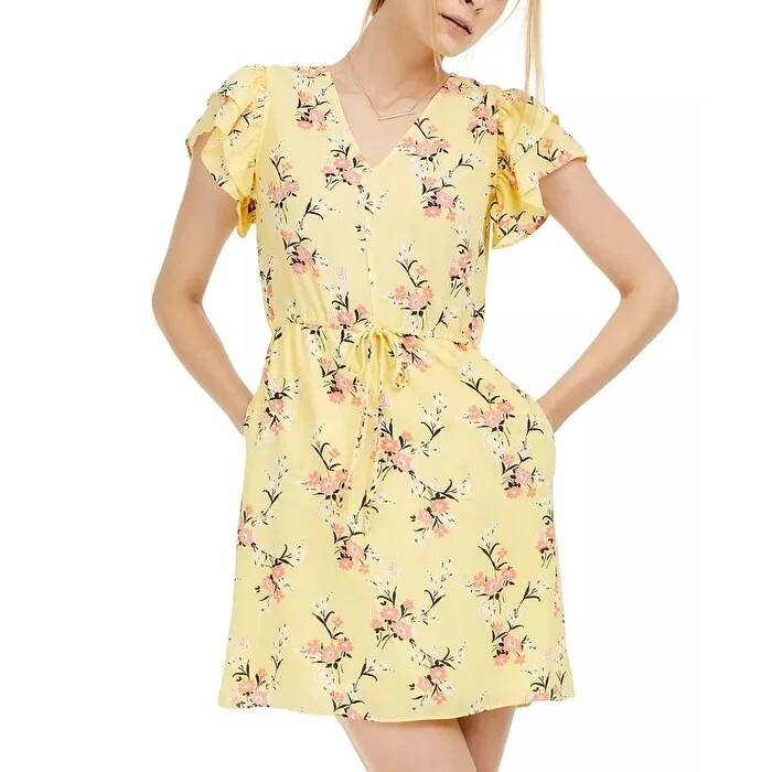 Maison Jules Women's Floral-Print Flutter-Sleeve Dress Med Yellow Size Large