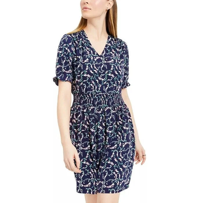 Maison Jules Women's Floral-Print Smocked-Waist Dress Navy Size Medium