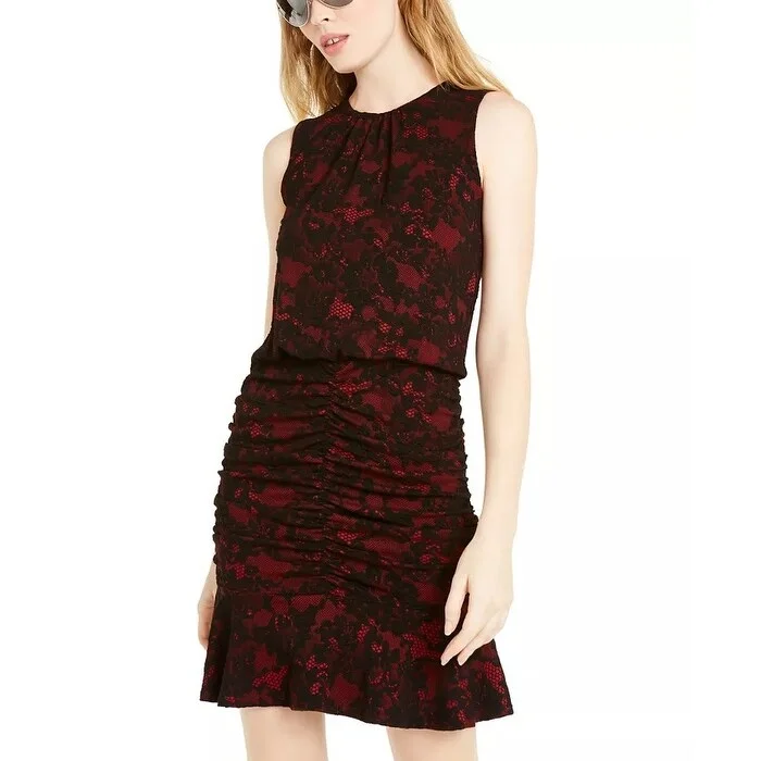 Michael Kors Women's Glam Lace Shirred Dress Red Size Medium