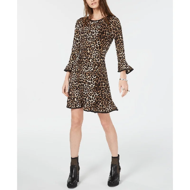 Michael Kors Women's Leopard Print Bell-Sleeve Dress Brown Size Small