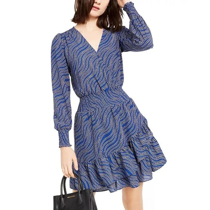 MICHAEL Michael Kors Women's Printed Ruffled Wrap Dress Blue Size XL - X-Large