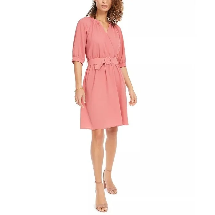 Monteau Women's Petite Belted Faux-Wrap Dress Med Pink Size Large