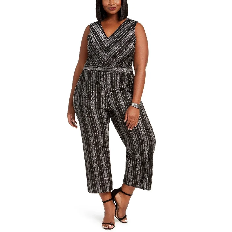 Monteau Women's Trendy Plus Size Glitter-Stripe Jumpsuit Black Size 1X