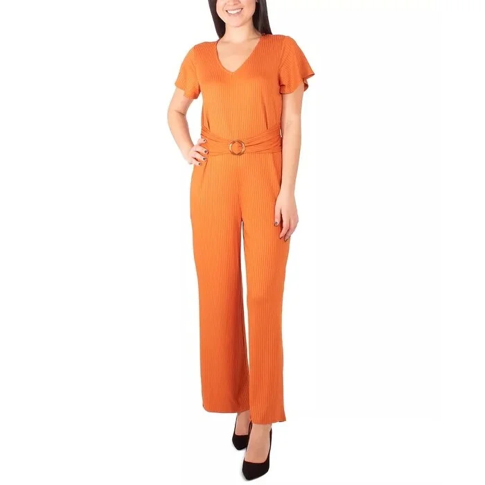 NY Collection Women's Petite Belted Jumpsuit Red Size Petite Large