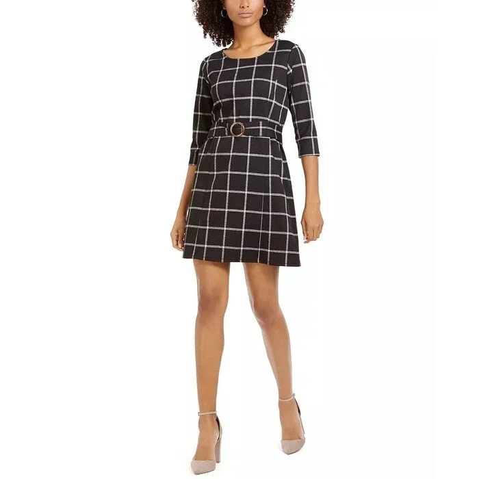 NY Collection Women's Petite Plaid Belted Shift Dress Black Size Small