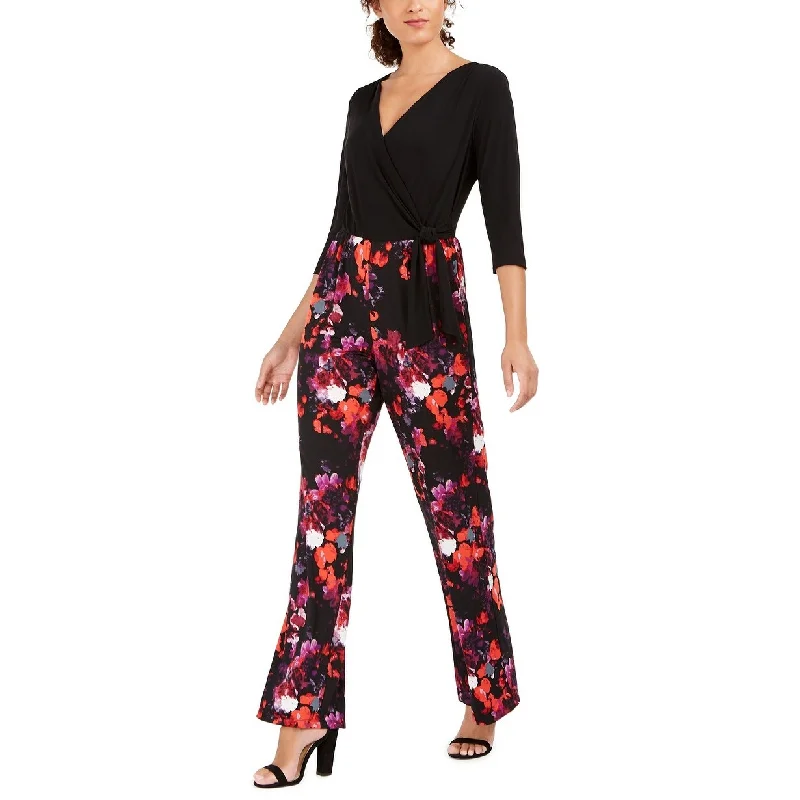 NY Collection Women's Petite Printed Surplice Jumpsuit Black Size M