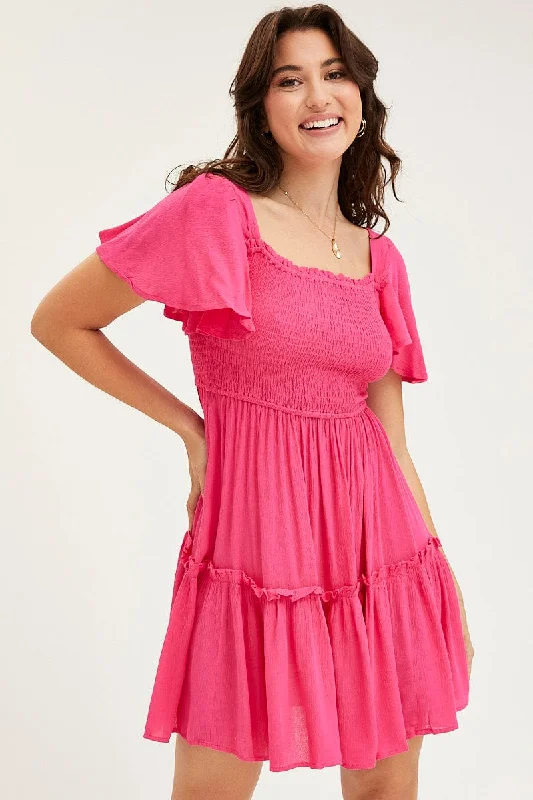 Pink Skater Dress Short Sleeve Mini