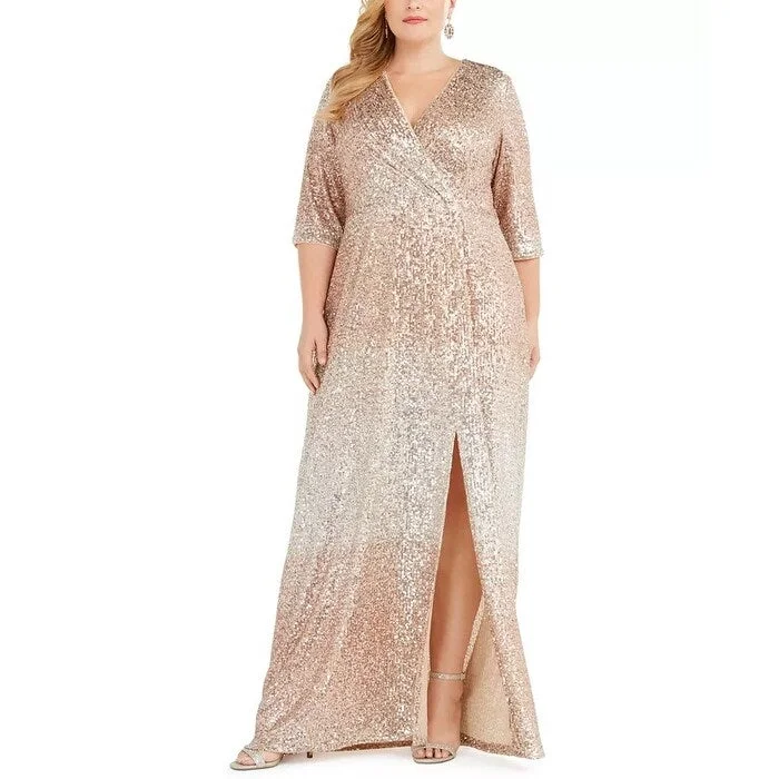 R & M Richards Women's Plus Size Sequined Surplice Gown Lt Beige Size 14W