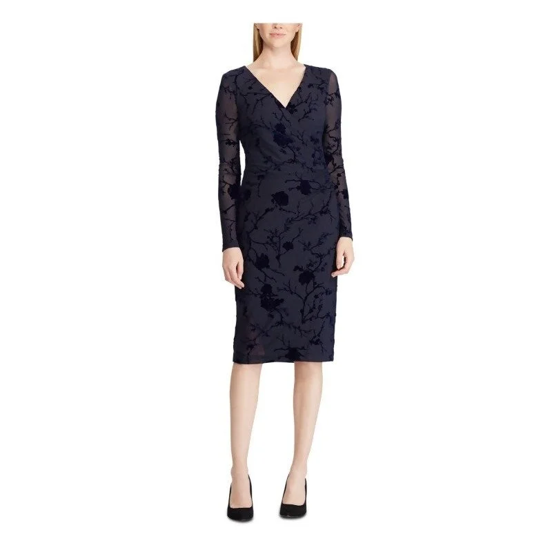 Ralph Lauren Women's Patterned Midi Sheath Evening Dress Navy Size 4