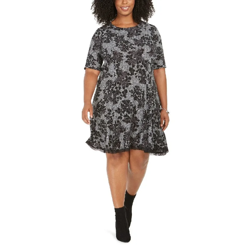 Robbie Bee Women's Plus Size Lace-Trim Printed Sweater Dress Black Size 1X